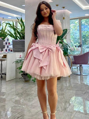 Pink Strapless A-Line Empire-Waist with Bows Pleated Short Homecoming Dress