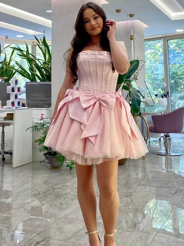 Pink Strapless A-Line Empire-Waist with Bows Pleated Short Homecoming Dress