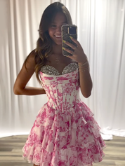 Pink Strapless A-Line Sweetheart Empire Beaded Floral Homecoming Dress