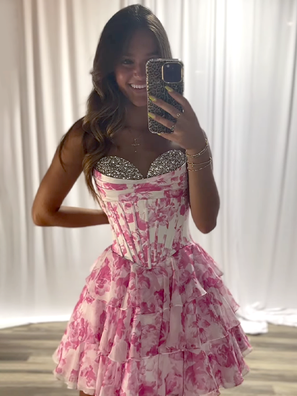 Pink Strapless A-Line Sweetheart Empire Beaded Floral Homecoming Dress