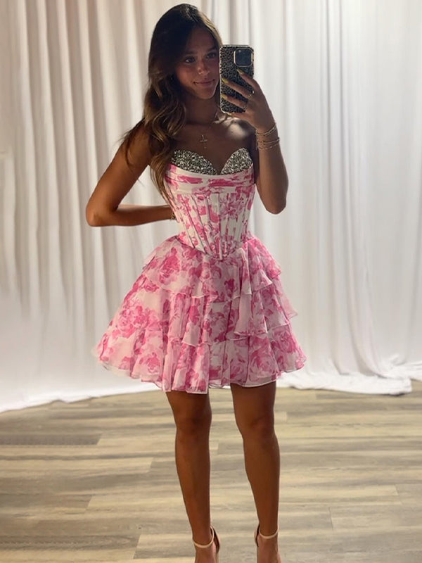 Pink Strapless A-Line Sweetheart Empire Beaded Floral Homecoming Dress