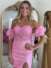 Pink Strapless Applique Bodycon Homecoming Dress wiith Sleeves