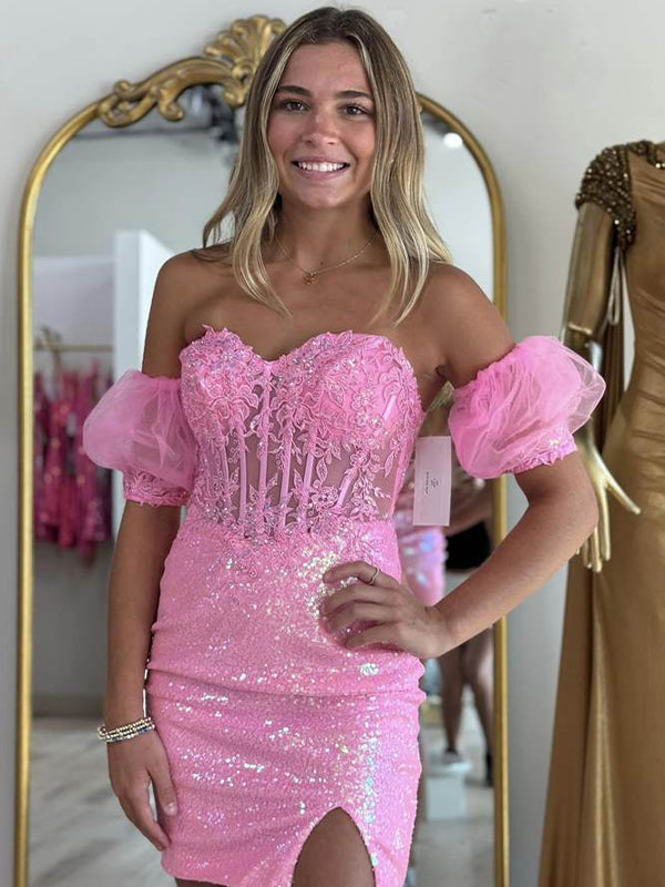 Pink Strapless Applique Bodycon Homecoming Dress wiith Sleeves