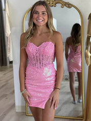Pink Strapless Applique Bodycon Homecoming Dress wiith Sleeves