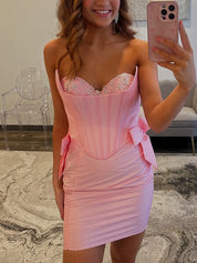 Pink Strapless Corset Sheath Homecoming Dress with Bow