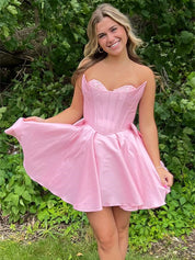 Pink Strapless Corset Sheath Homecoming Dress with Bow