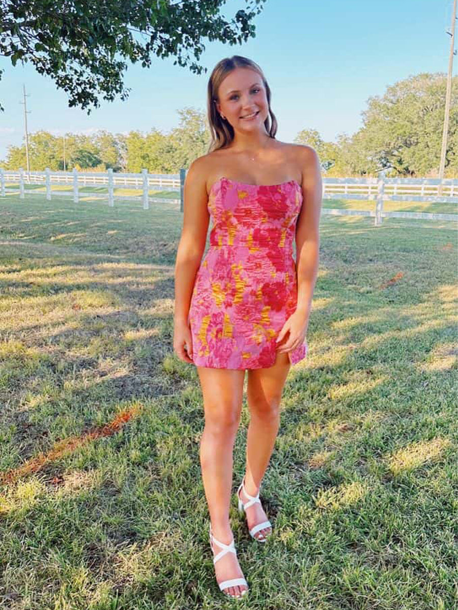 Pink Strapless Jacquard Short Homecoming Dress with Slit