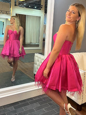 Pink Strapless Lace-Up A-Line Satin Homecoming Dress with Feathers