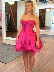Pink Strapless Lace-Up A-Line Satin Homecoming Dress with Feathers