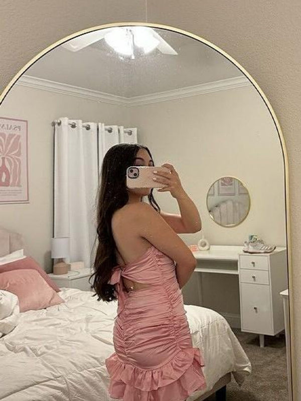 Pink Strapless Ruched Bow Back Homecoming Dress with Ruffle