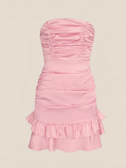 Pink Strapless Ruched Bow Back Homecoming Dress with Ruffle