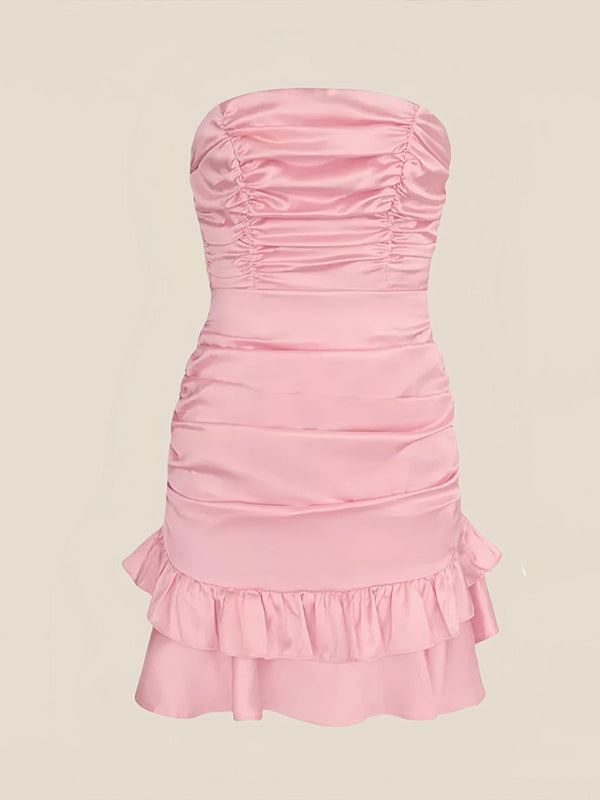 Pink Strapless Ruched Bow Back Homecoming Dress with Ruffle