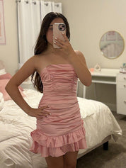 Pink Strapless Ruched Bow Back Homecoming Dress with Ruffle
