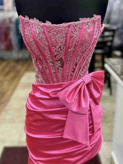 Pink Strapless Ruched Tight Short Homecoming Dress with Bow