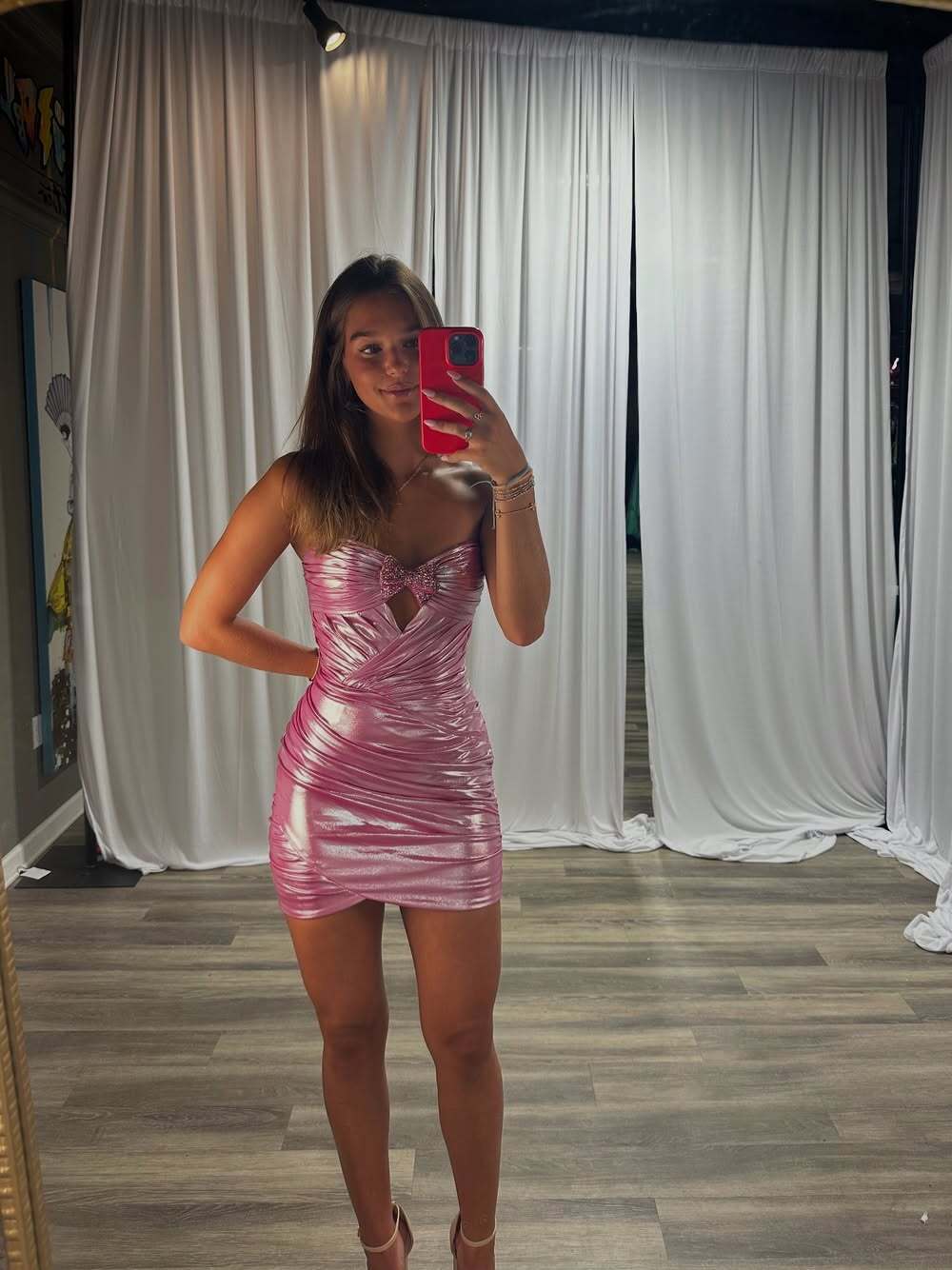 Pink Strapless Satin Short Homecoming Dress with Keyhole