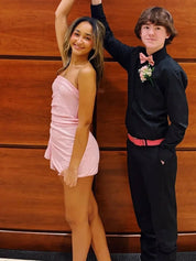 Pink Strapless Sheath Short Homecoming Dresses with Side Train