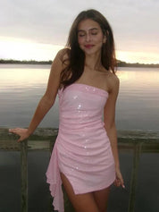 Pink Strapless Sheath Short Homecoming Dresses with Side Train