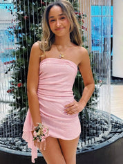 Pink Strapless Sheath Short Homecoming Dresses with Side Train