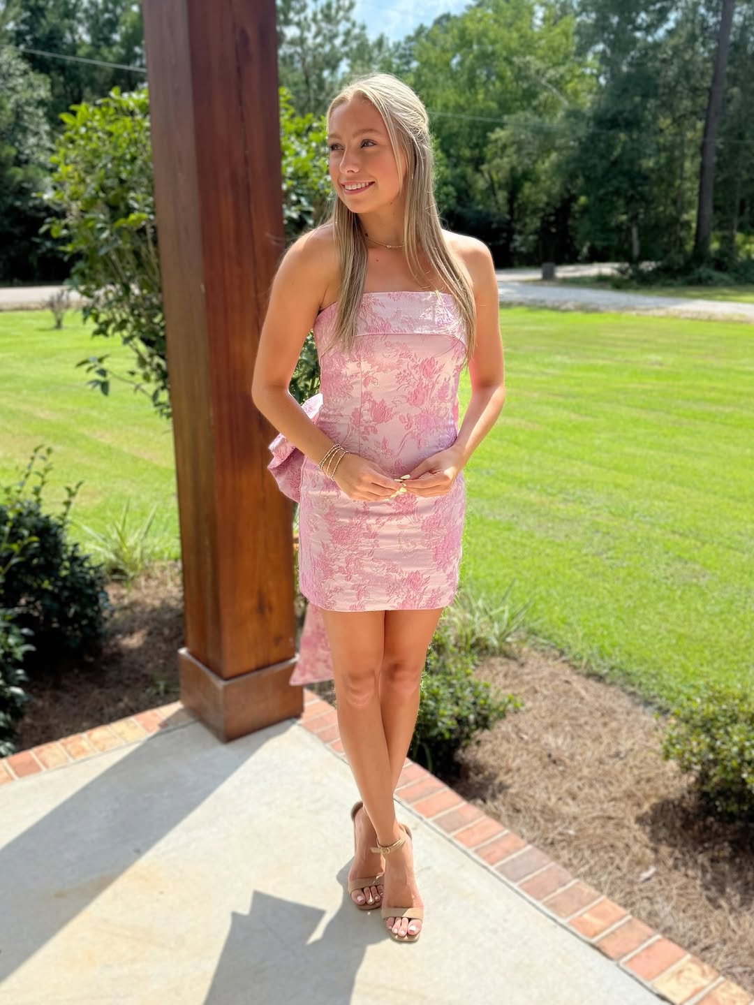 Pink Strapless Tight Homecoming Dress with Back Bow