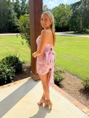 Pink Strapless Tight Homecoming Dress with Back Bow