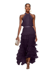 A Line Pink Chiffon Halter Neck Sleeveless Ankle Length Dress With Cascading Ruffles
