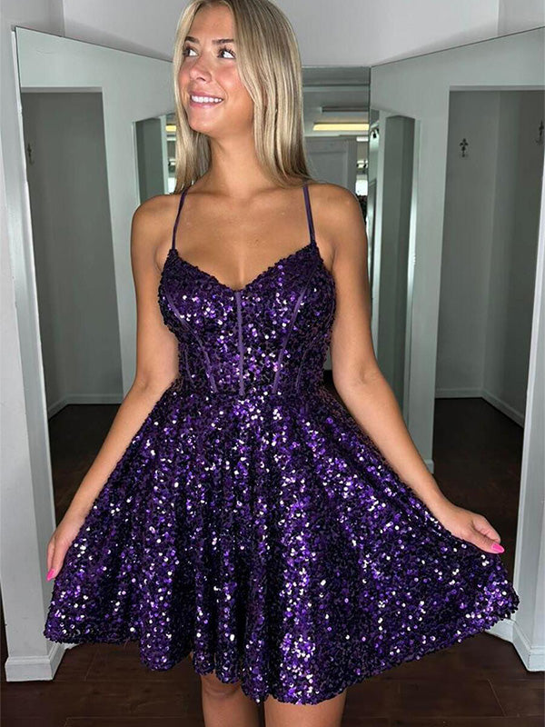 Dreamylily Women Purple A-line Sequin Spaghetti Straps Short Homecoming Dress