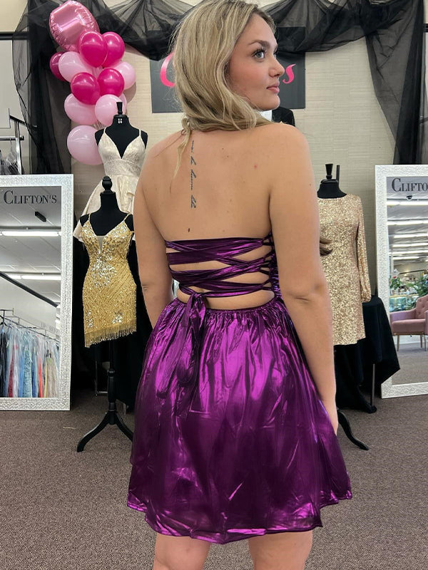 Purple A-line Strapless Metallic Short Homecoming Dress