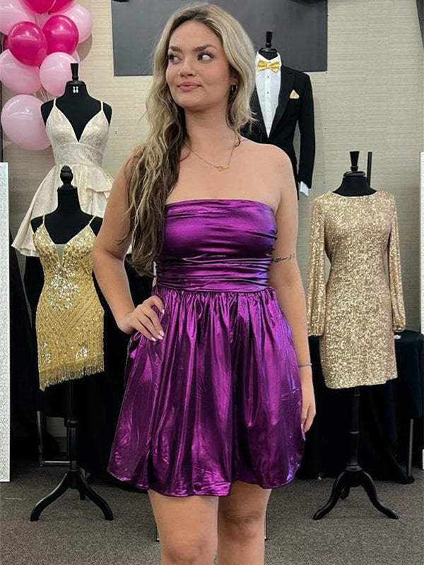 Dreamylily Women Purple A-line Strapless Metallic Short Homecoming Dress