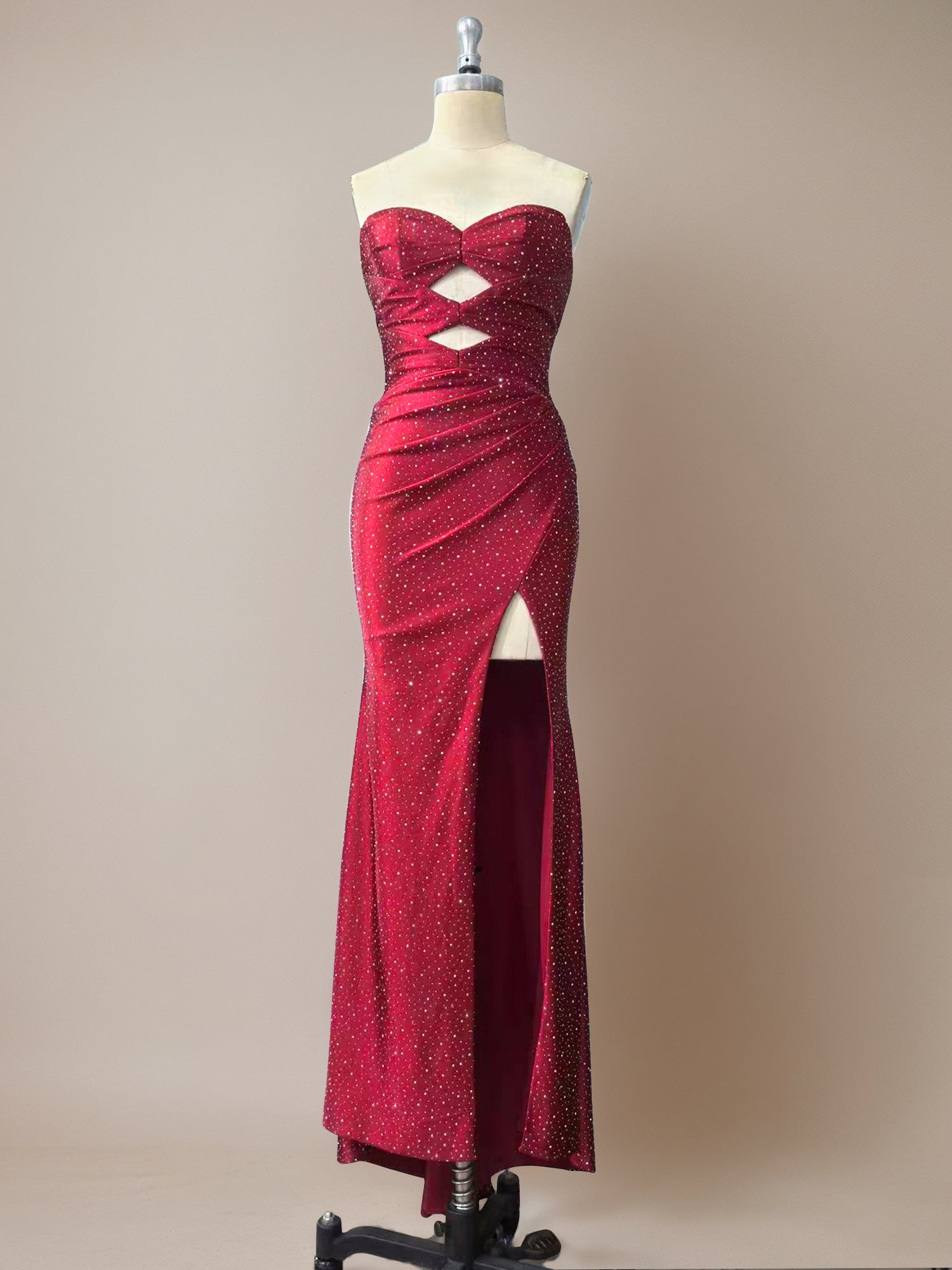 Red Mermaid Strapless Beaded Satin Long Ball Dress with Slit