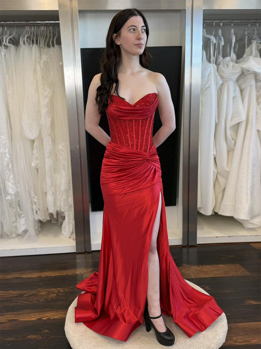 Dreamylily Prom Dress Red Strapless Corset Beaded Bodice Ball Gown with