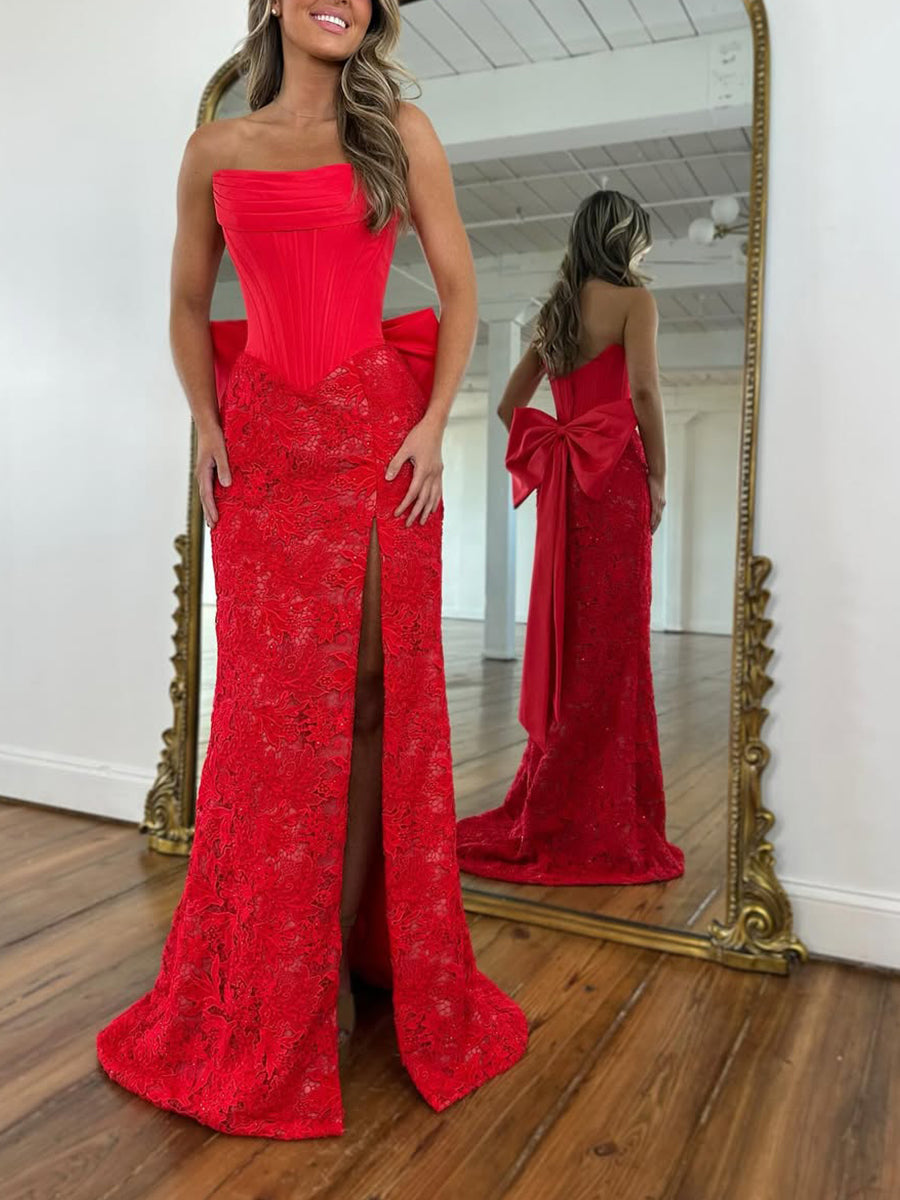 Dreamylily Women Red Strapless Satin Corset Lace Prom Dress Evening