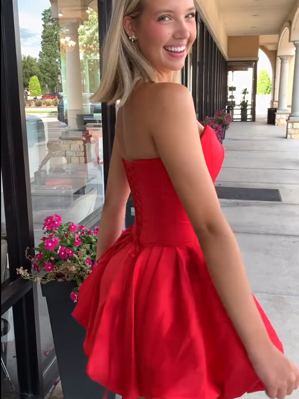Red A-Line Bateau Strapless Satin Floral Homecoming Dress