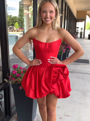 Red A-Line Bateau Strapless Satin Floral Homecoming Dress