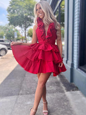 Red A-Line Halter Neck Short Tiered Homecoming Dress