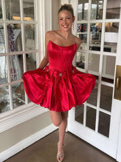 Red A-Line Strapless Puff Homecoming Dress with Cinched Waist