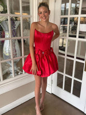 Red A-Line Strapless Puff Homecoming Dress with Cinched Waist