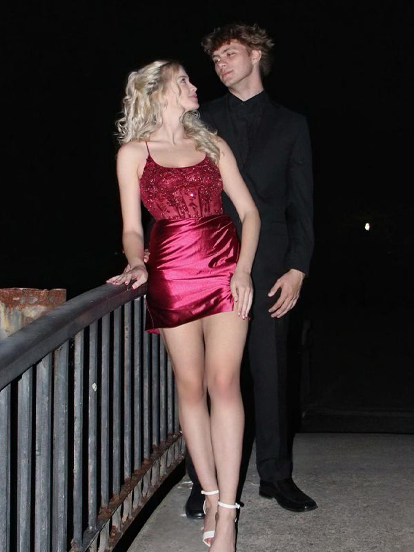 Bodycon Spaghetti Straps Beaded Tight Short Homecoming Dress