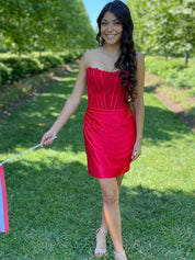 Red Bodycon Strapless Lace Top Short Satin Homecoming Dress