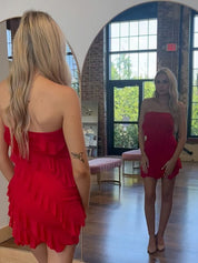 Red Bodycon Strapless Short Homecoming Dress with Ruffles