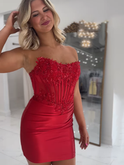 Red Bodycon Strapless Short Satin Homecoming Dress With Appliques