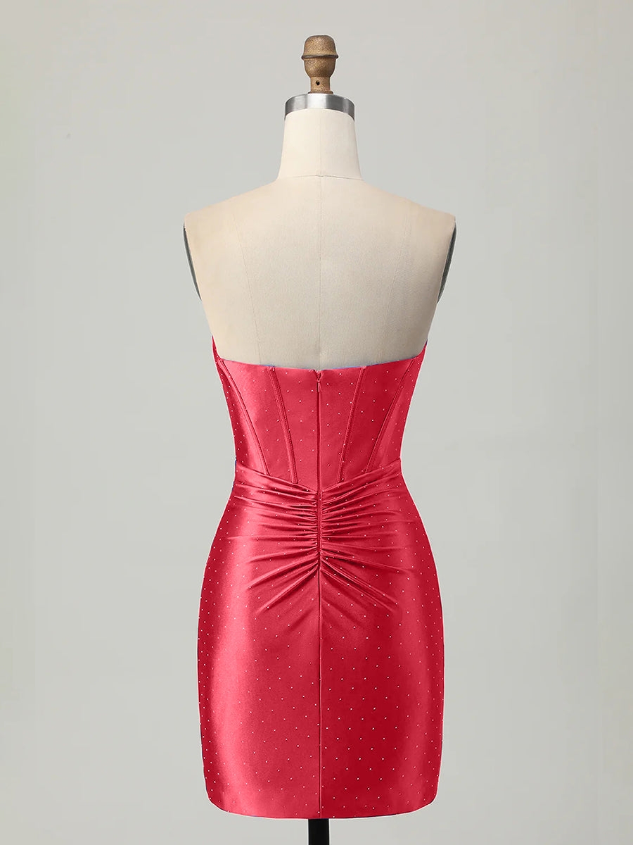 Red Strapless Bodycon Corset Beaded Short Homecoming Dress