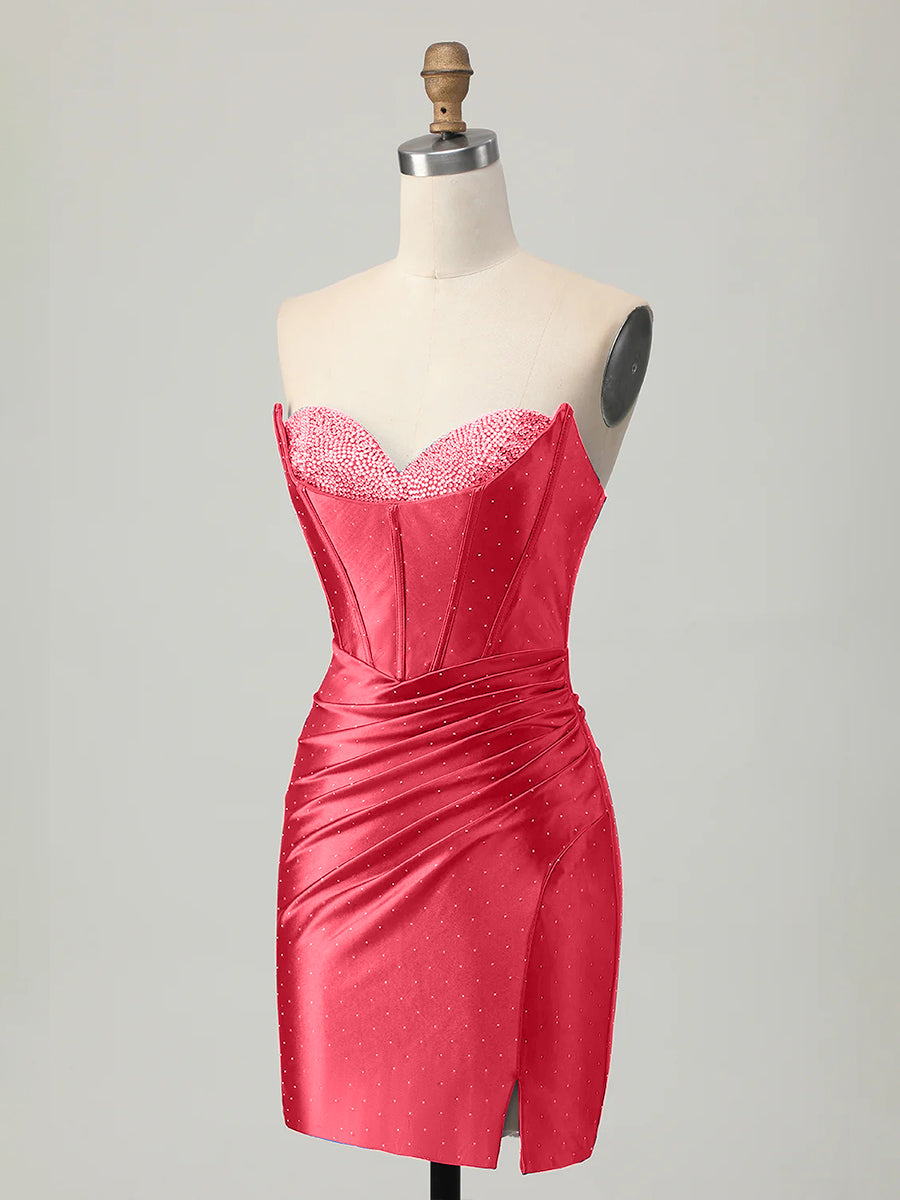 Red Strapless Bodycon Corset Beaded Short Homecoming Dress