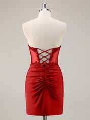 Red Strapless Corset Ruched Sequins Short Tight Homecoming Dress