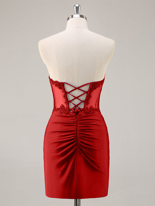 Red Strapless Corset Ruched Sequins Short Tight Homecoming Dress