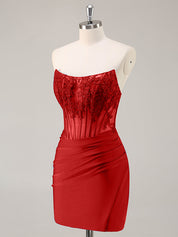 Red Strapless Corset Ruched Sequins Short Tight Homecoming Dress
