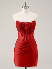 Red Strapless Corset Ruched Sequins Short Tight Homecoming Dress