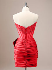 Red Tight Strapless Corset Pleated Short Beaded Homecoming Dress with Bow