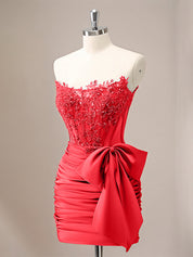 Red Tight Strapless Corset Pleated Short Beaded Homecoming Dress with Bow
