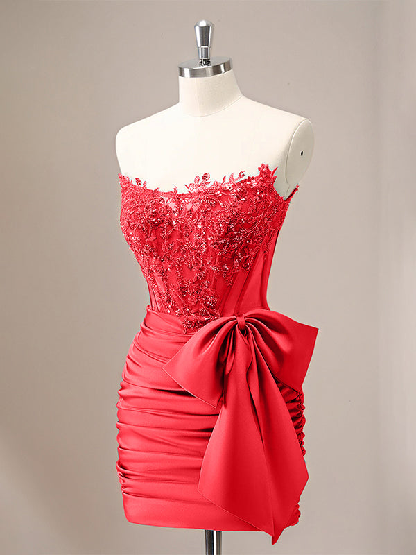 Red Tight Strapless Corset Pleated Short Beaded Homecoming Dress with Bow