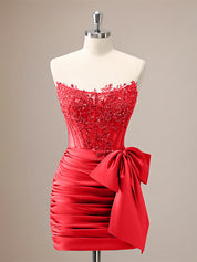 Red Tight Strapless Corset Pleated Short Beaded Homecoming Dress with Bow